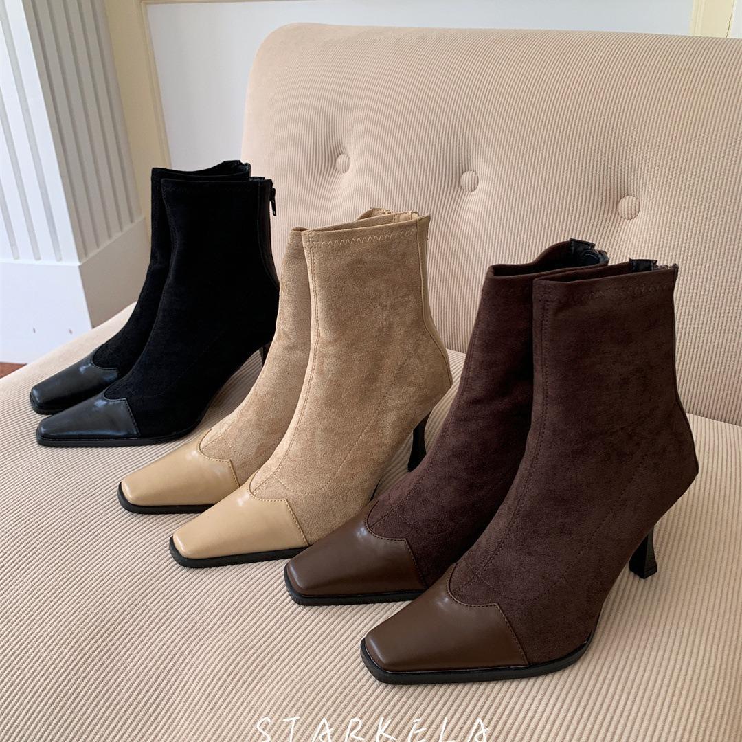 

Starkela retro Maillard pointed splicing suede temperament elegant and thin high heel thin boots short boots women 39 темный кофе