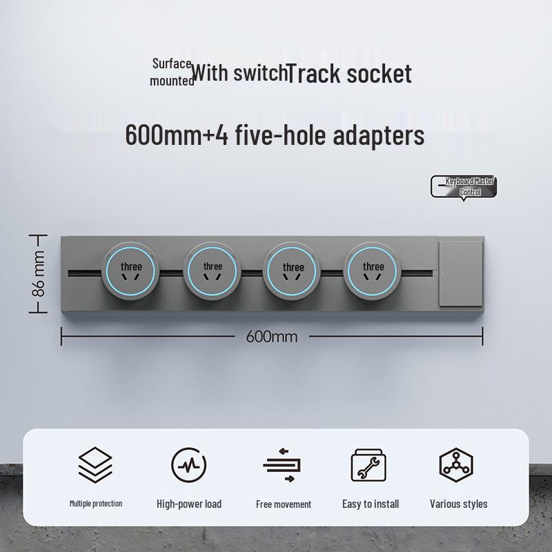 Surface-Mounted Anti-Shock Adjustable Power Strip with Switch Track for Kitchens