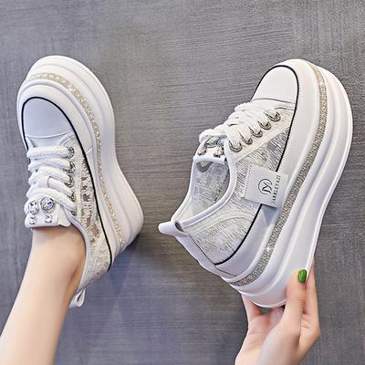 Damen 8CM Plateau Casual Outdoor Schuhe Strass Glanz Dekoration Sneakers Schnürschuhe Walking Sport Atmungsaktive Schuhe mit dicker Sohle