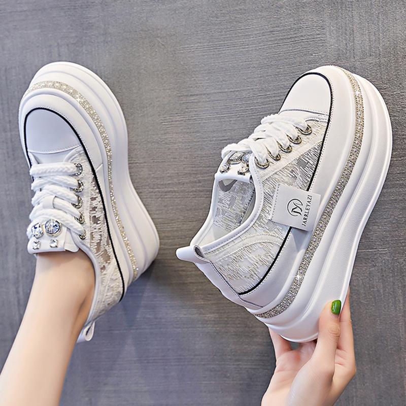 Women 8CM Platform Casual Outdoor Shoes Rhinestone Shine Decoration Sneakers Lace Up Walking Sport Breathable Thick Bottom Shoes