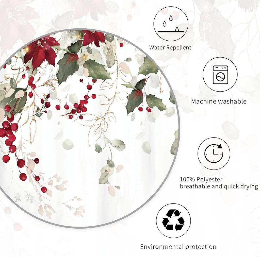 Eucalyptus Christmas Flower Shower Curtain Set Green Red Poinsettia Berry Leaves Botanical Plant Merry Xmas Polyester Waterproof