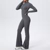 Zipper nude long-sleeved yoga flared pants onesie women's running fitness clothes sports trend onesie tights