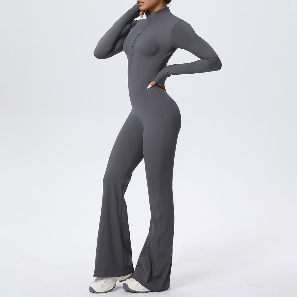 Zipper nude long-sleeved yoga flared pants onesie women's running fitness clothes sports trend onesie tights