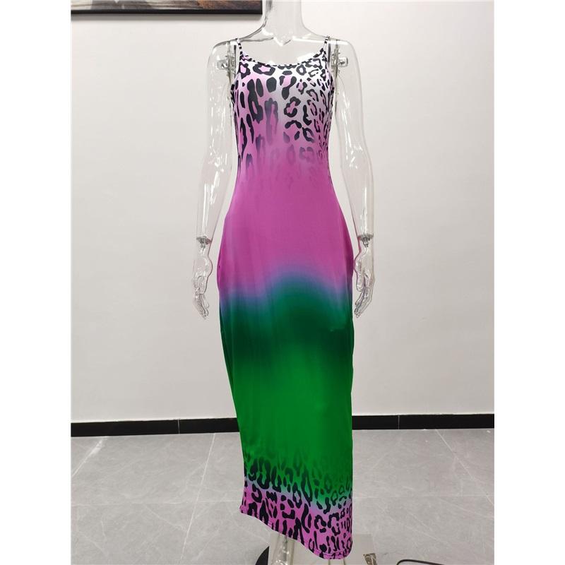 Women's Leopard Print Gradient Maxi Dress Sleeveless V Neck Casual Long Dress With Pockets