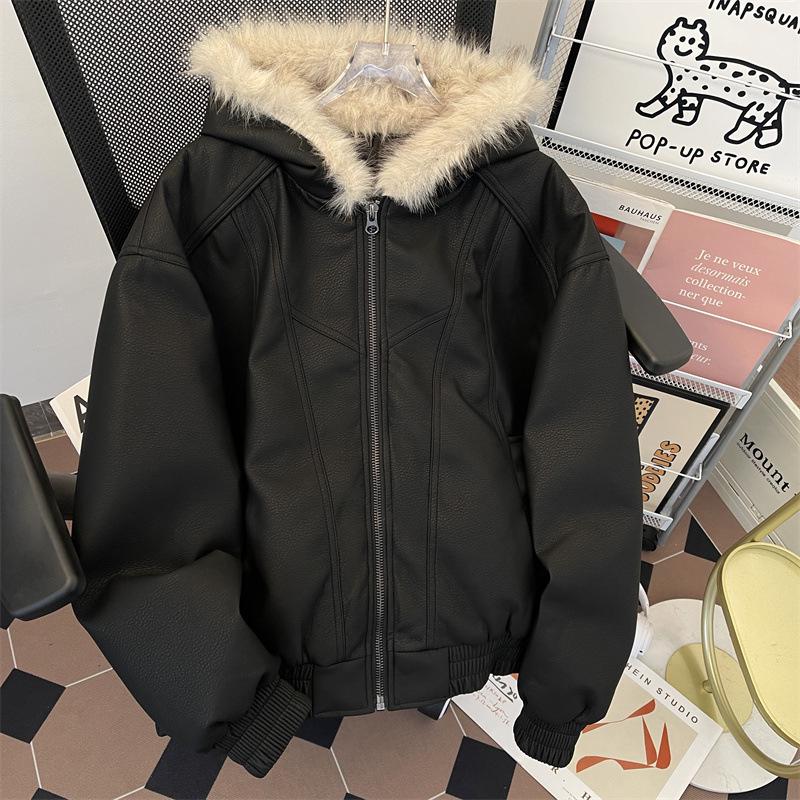 Herren Übergroße Gewaschene Lederjacke mit Pelzkragen und Kapuze Wintermantel