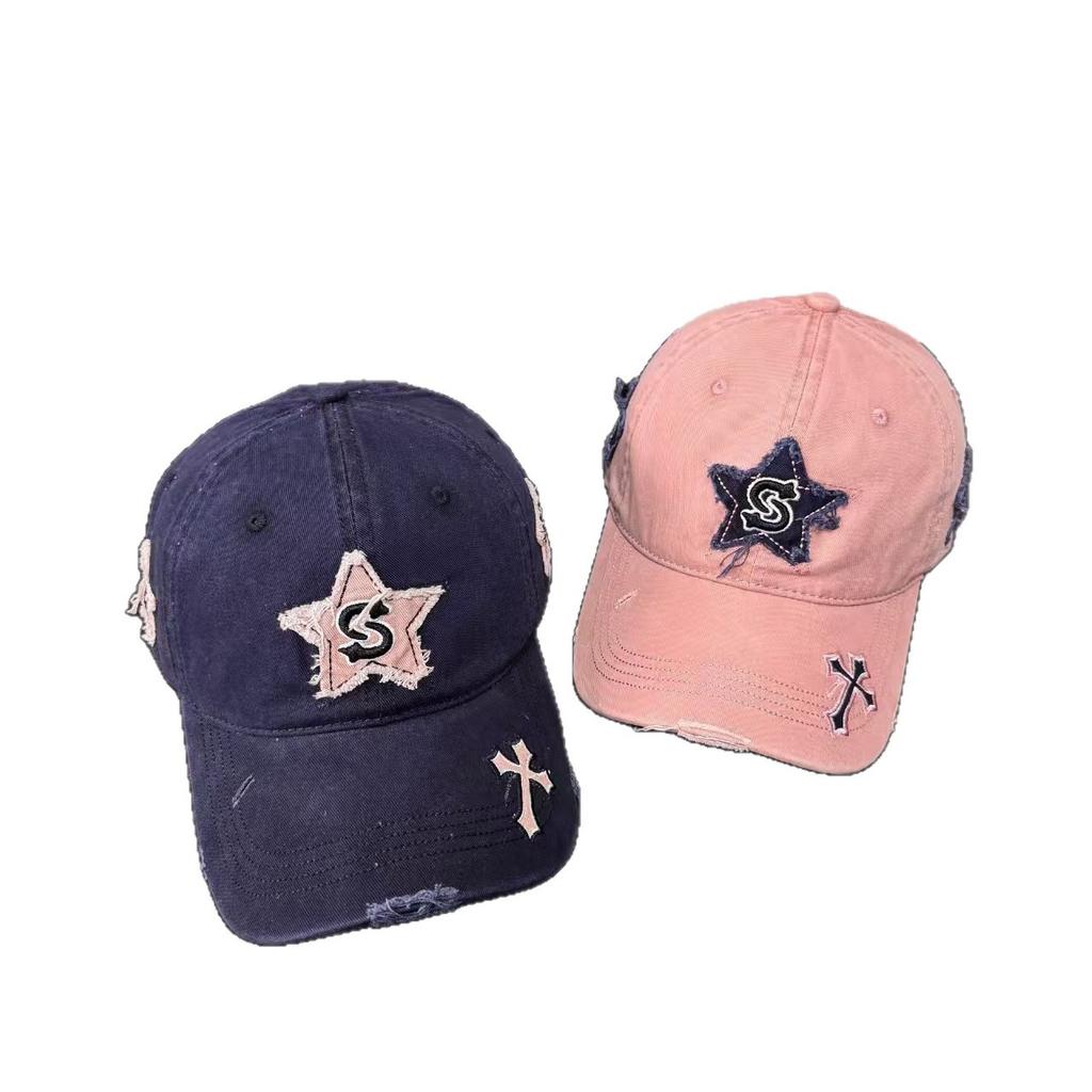 Retro hole five-pointed star baseball cap female face small summer big head circumference thin breathable versatile cap