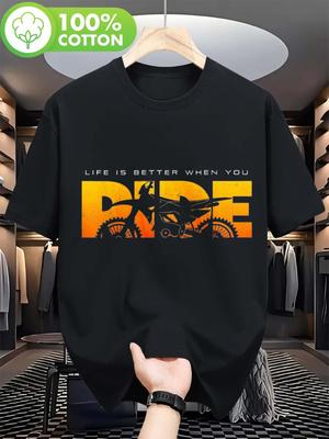 Men's Pure Cotton Off-road Motorcycle T-shirt Off-road Rider Pattern and Slogan "riding More Exciting" Motorcycle Themed T-sh...