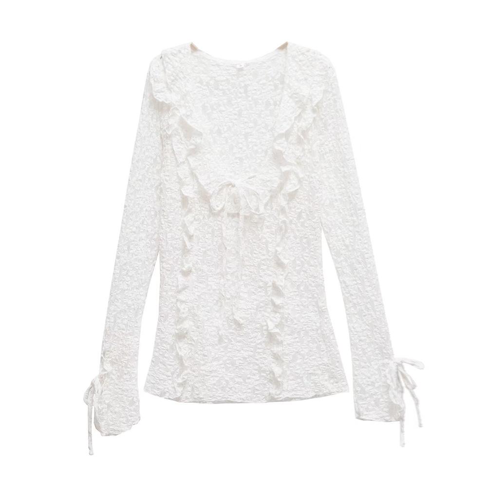 

Spring/Summer 2025 Hot Girl V-Neck Lace Patchwork Slim Fit Long-Sleeve Women s Shirt L белый