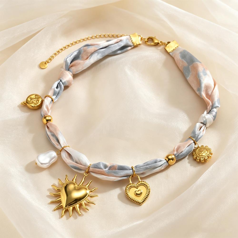 Heart Flower Sun Multi Pendant Scarf Necklace 18K Gold-plated Stainless Steel Charm Necklace for Women Jewelry Vacation Style