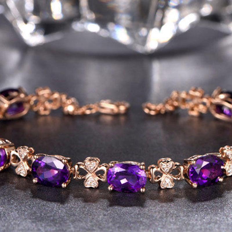 Luxueux bracelet trèfle à quatre feuilles en améthyste plaqué or 18 carats avec des pierres précieuses colorées