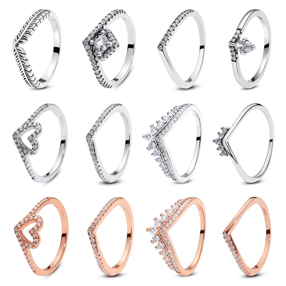 Original 925 Sterling Copper Ring Wishbone Love Heart Crystal Rose Gold Rings For Women Wedding Engagement Birthday Gift Zircon
