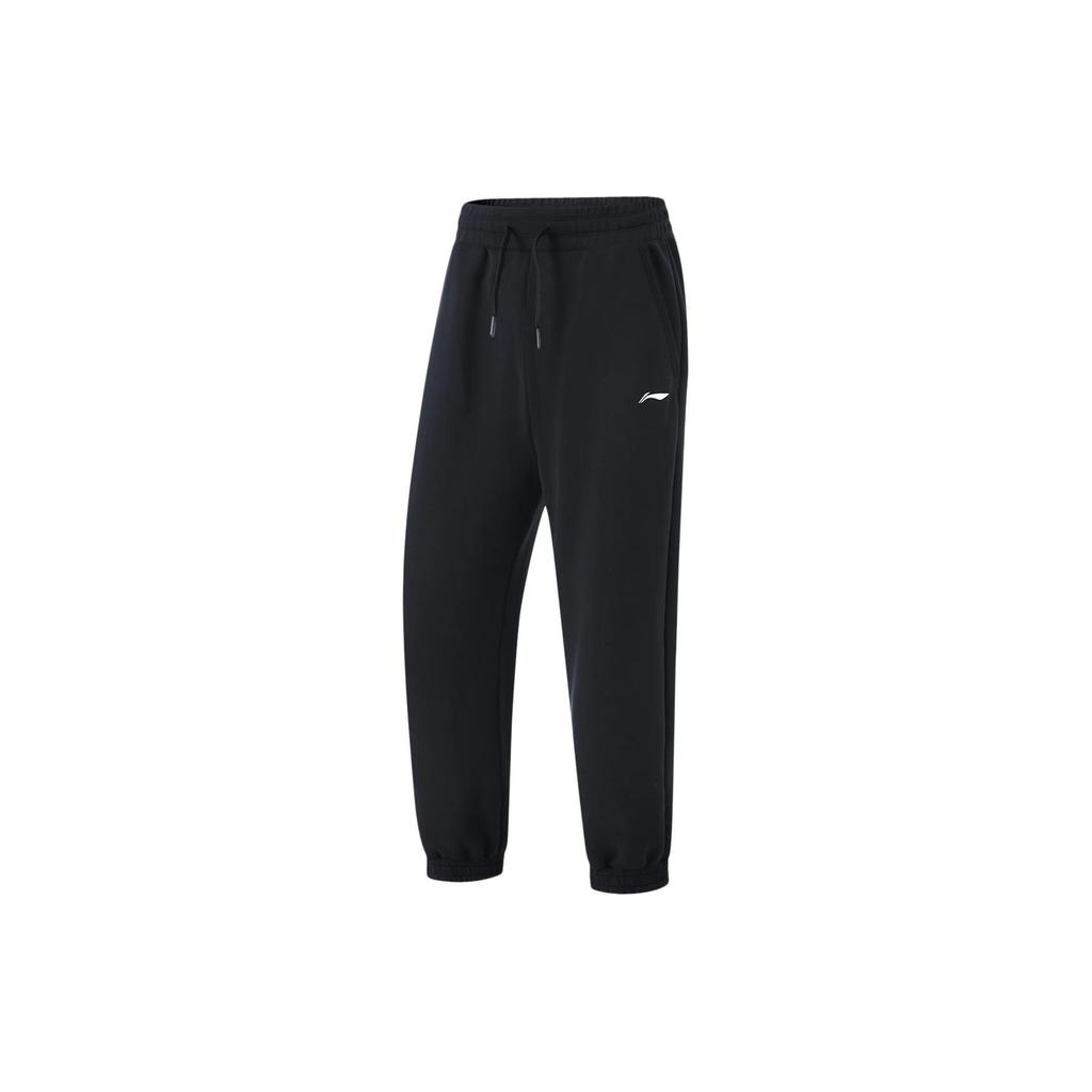 Li Ning Fitness Series Solid Color Drawstring Loose Knit Sports Pants Women Bottoms Black AKLU482-4