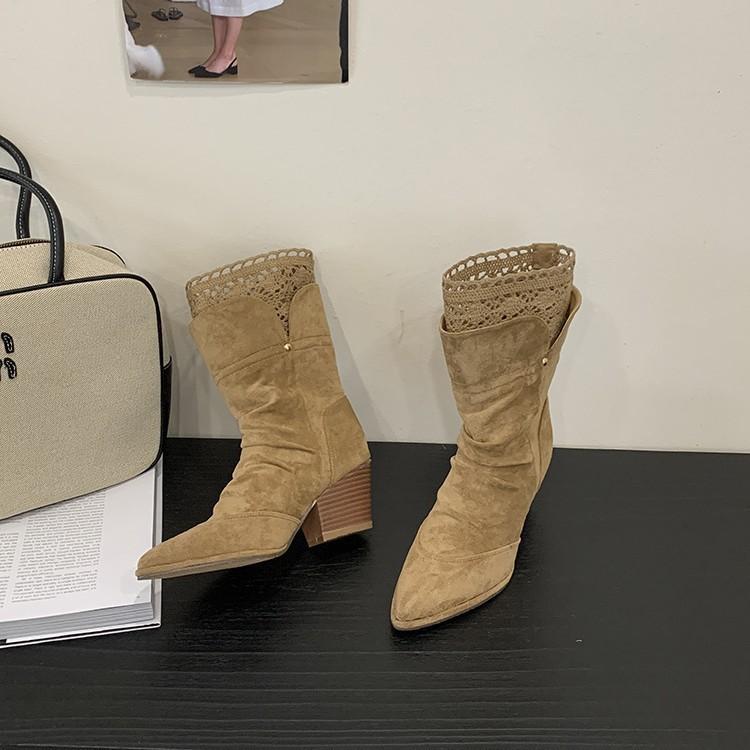 Autumn and winter 2025 new pointed thick heel medium boots lace edge sleeve high heel women's boots