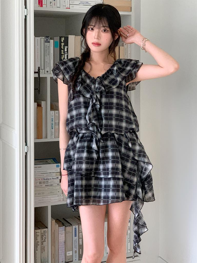 Cool Kitten Check Ribbon Lace Layered Mini Dress 2 Colors