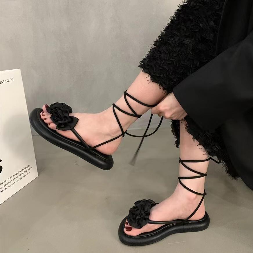 Fashion Women Sandals Summer Flower Design Fashion Dress Shoes Narrow Band Platform Wedges Heel Ladies Ankle Strap Gladiator Sandalias