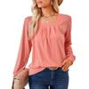 Autumn Solid Color Top for Women Square Neck Pleated Jacquard Long Sleeve Loose T-shirt