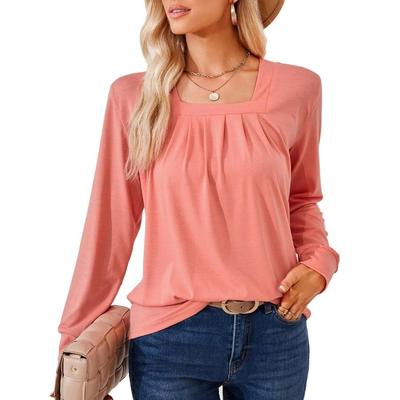 Autumn Solid Color Top for Women Square Neck Pleated Jacquard Long Sleeve Loose T-shirt