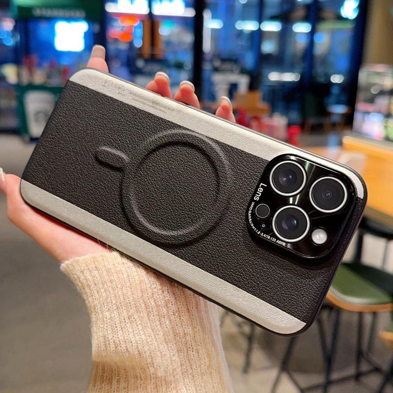 For iPhone 16 Pro Max Case Compatible with MagSafe Splicing Color PC+PU Leather Phone Back Cover