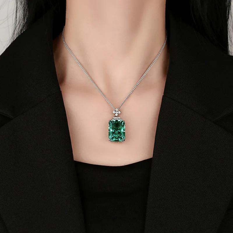 Vintage Paraiba Like Teal Green Stone Pendant Necklace Emerald Cut Rectangle Cubic Zirconia Statement Jewelry with Cross Accent