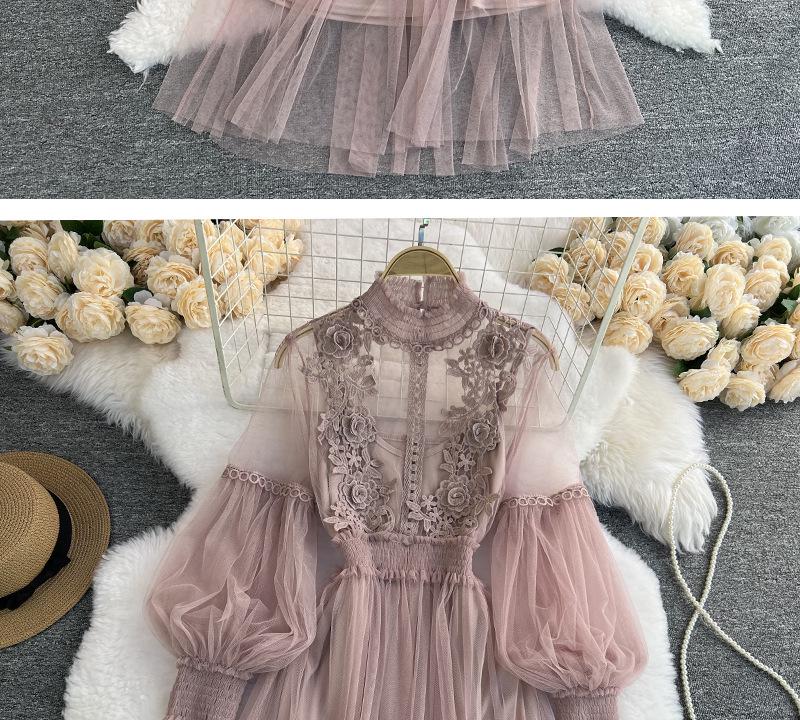 Three-Dimensional Floral Mesh Two-Piece Dress with Stand-Up Collar and Lantern Sleeves