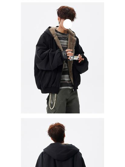 Trendy Reversible Rabbit Fur-Style Cotton Jacket - Men's Winter Retro Cool Hooded Coat, Versatile & Warm for Couples