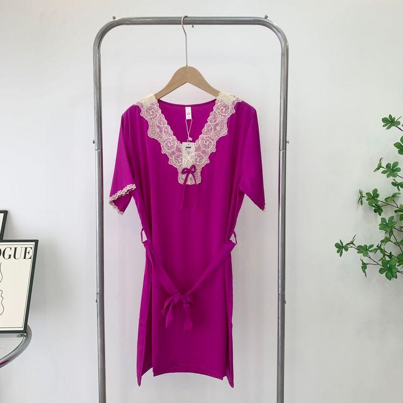 Clearance Sale Special Offer Summer Dress Shoelace Silk Nightdress V Neck Ruffled Short Sleeves Thin Homewear Mid-Length Skirt