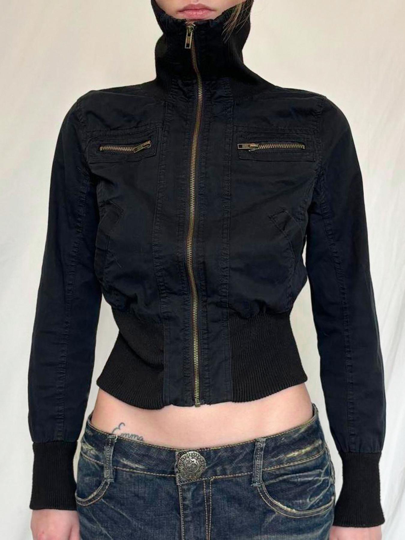 Vintage Cropped Jacken für Damen Harajuku Lässig Enganliegend Reißverschluss Mantel Y2K Streetwear Langarm Oberbekleidung Herbst M black