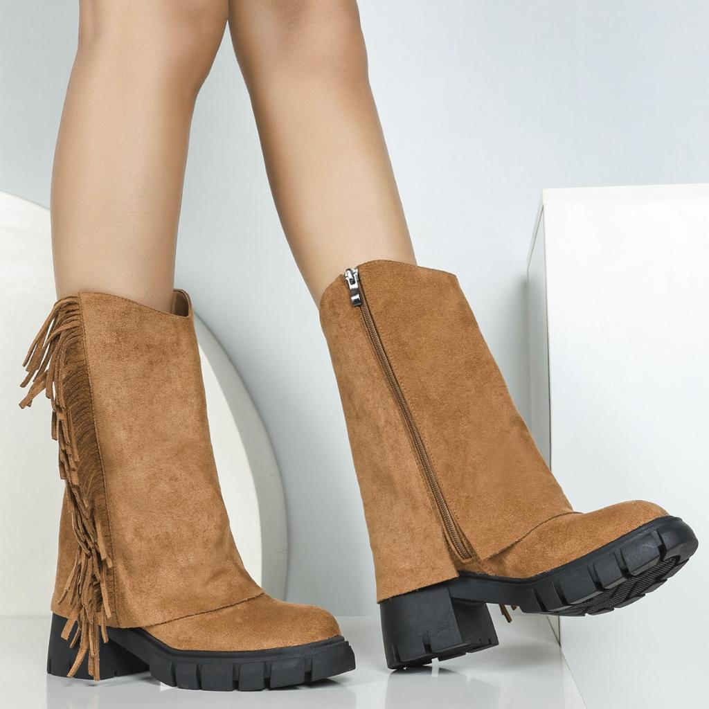 NEW Fringed Tassels Knee High Boots Winter Women Suede Thick Heels Boots Square Toe Shoes for Women Botas Mujer