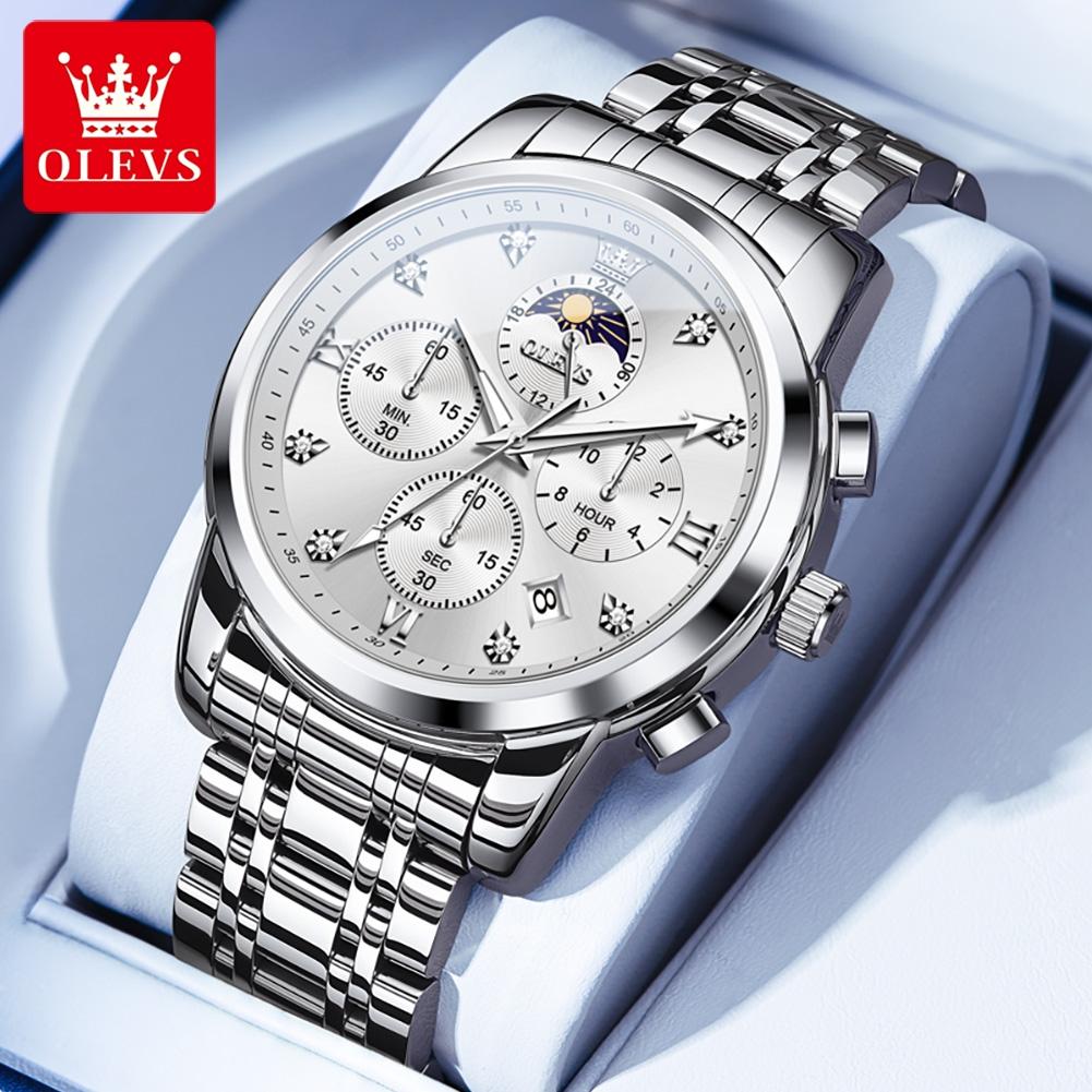OLEVS 3655 Quartz Men Watch Multifunctional Timekeeping 24-hour Moon Phase Calendar Small Window 30m Waterproof Luminous Watch
