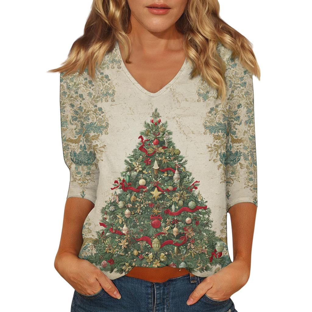Women's Casual Fashionable Sexy Comfortable V-Neck Christmas Three-Quarter Sleeve Top