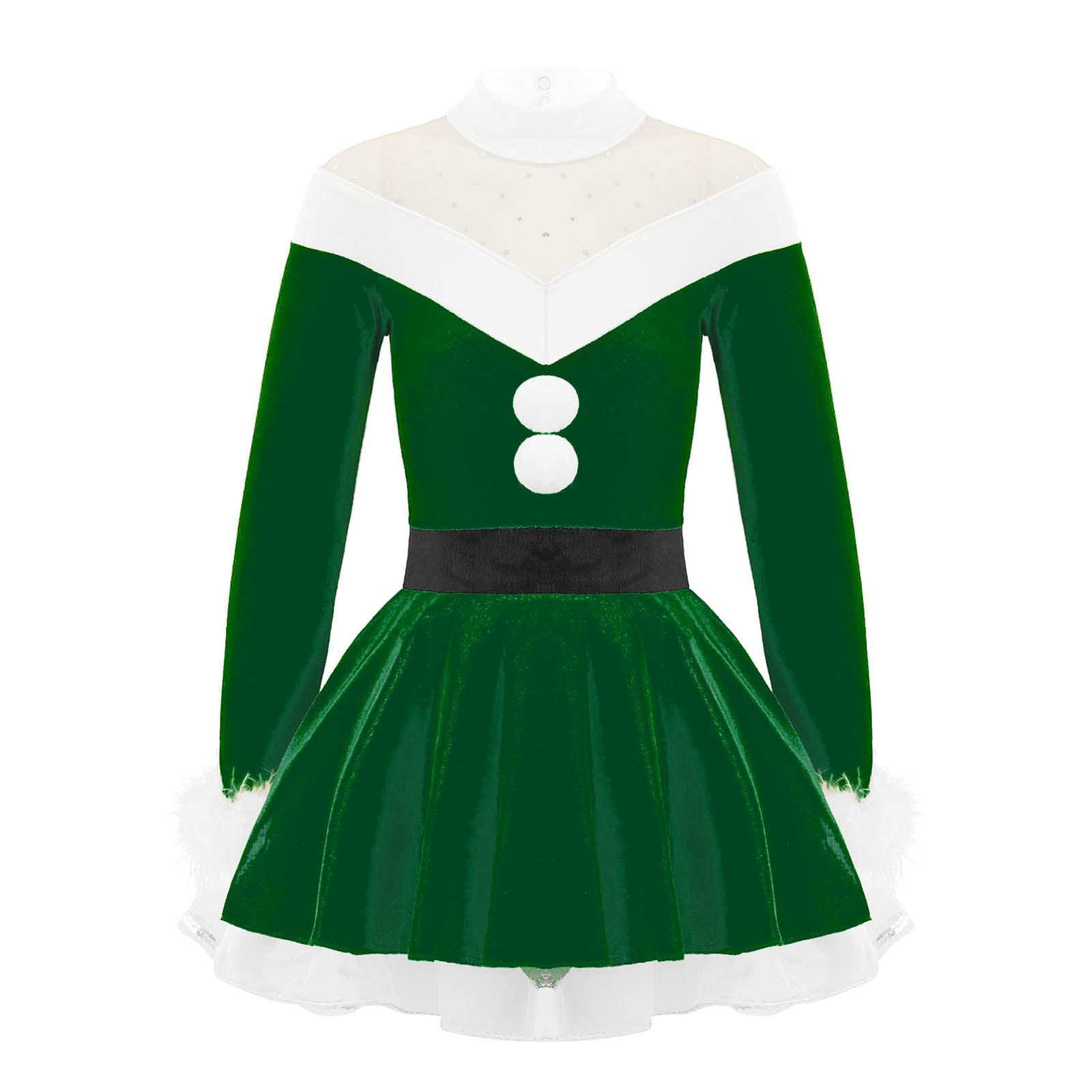 

Дівчаче оксамитове танцювальне плаття суцільне зі стійкою коміром, довгими рукавами, прикрашене помпонами боді для виступів 11-12 Years зелений