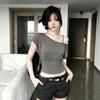 Pure Desire Hottie Gray Slanted Shoulder Off-shoulder Short-sleeved T-shirt Women's Summer Pleated Waist Slim Temperament Beautiful Short Top