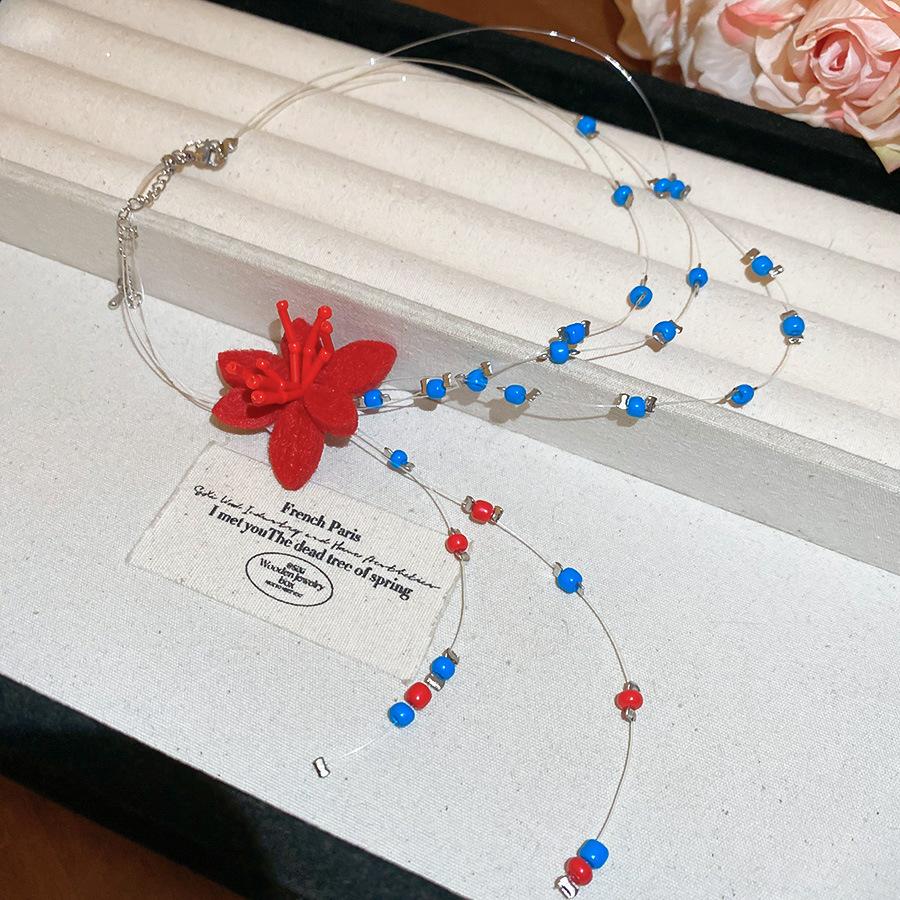 Flower Ceramic Rice Beads Beaded Stacked Necklace Retro Exquisite Collarbone Chain Design Sense Niche Necklace Women