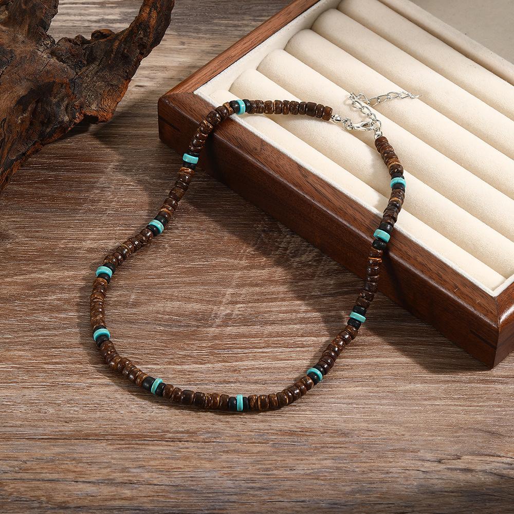 European and American Trendy Male Hip-hop American Retro Necklace Male Bohemian Turquoise Coconut Shell Wooden Bead Splicing Necklace