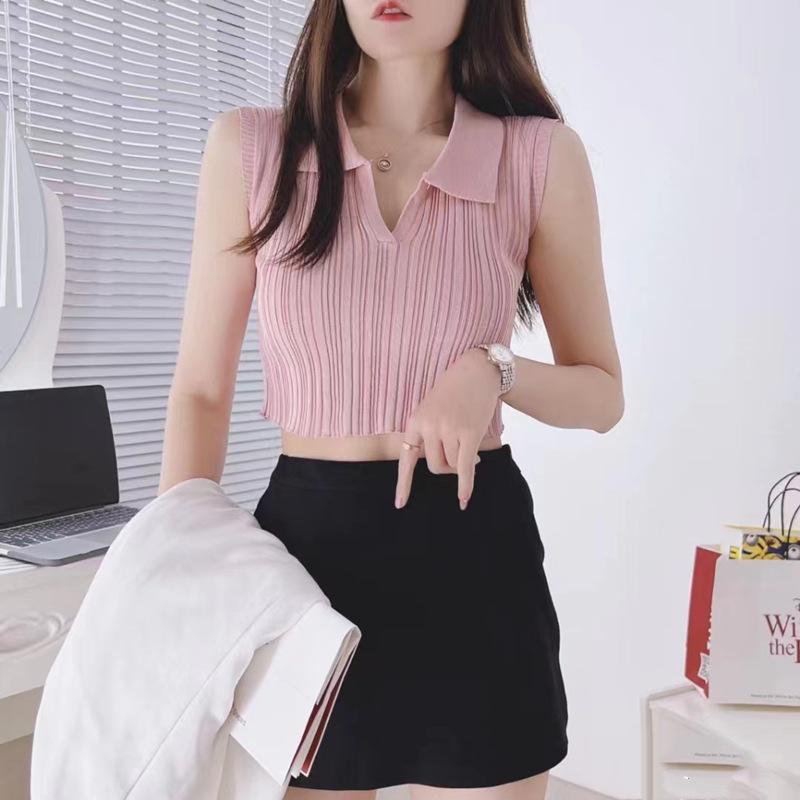 Summer Korean Version of Sexy Internet Celebrity New Lapel Striped Short Versatile Knitted Suspender Vest Top for Women