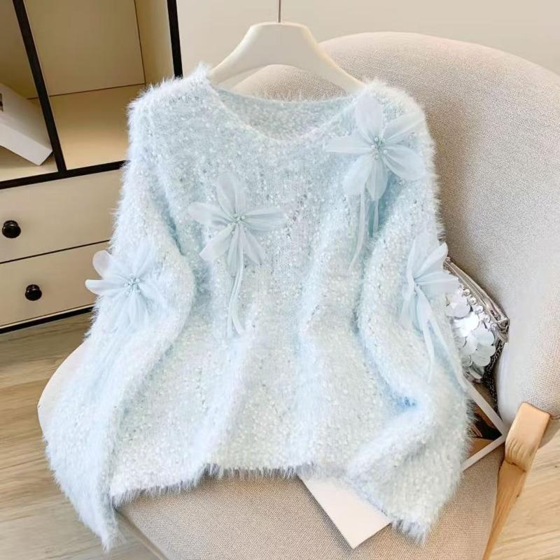 

Женские 3D свитера с цветами однотонные в корейском стиле милые женственные ажурные вязаные свитера осенние универсальные модные женские пуловеры топ Onesize синий