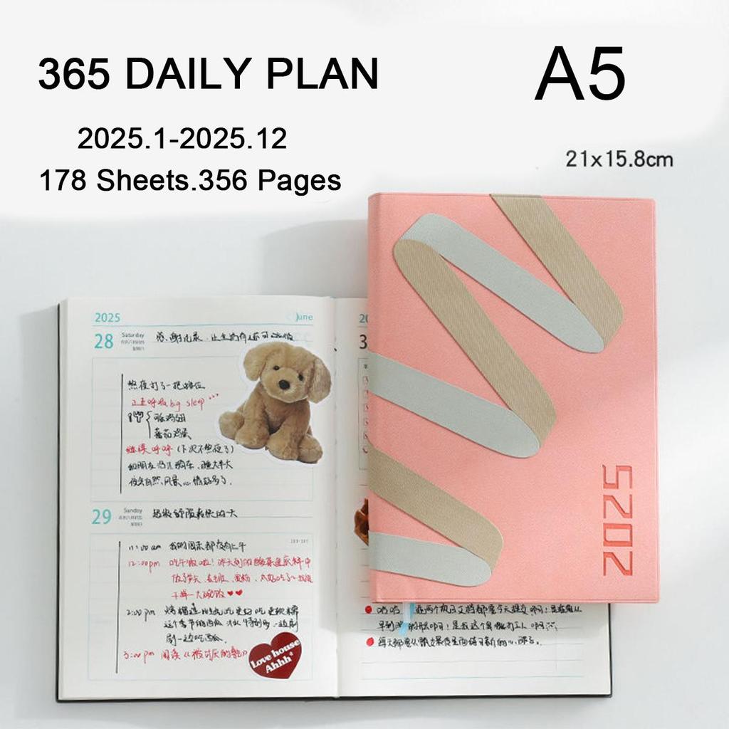 A5 thick leather student time planner, 2025 annual schedule, business notepad, 365-day daily planner, memo, notebook, 178 sheets, 356 pages