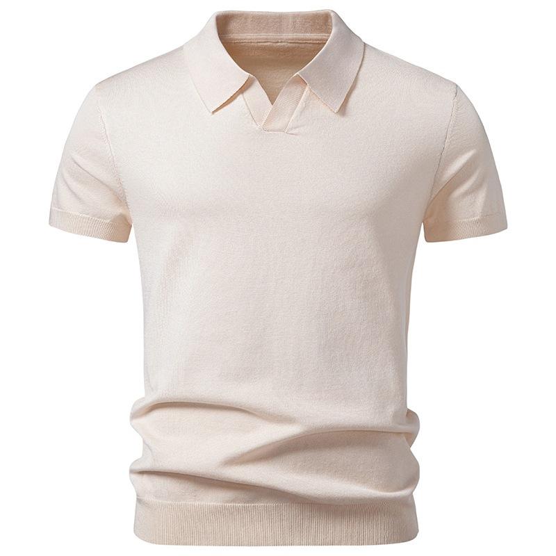 Mens Solid Gray Knit Short Sleeve V-Neck Polo Shirt
