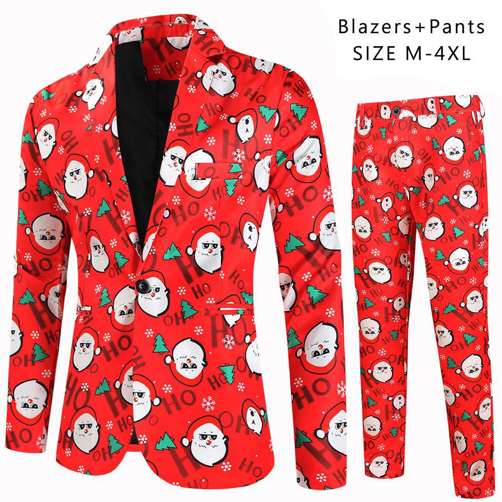 Men's 2022 Christmas One-Button Print Suit: Large Size Three-Piece for New Year