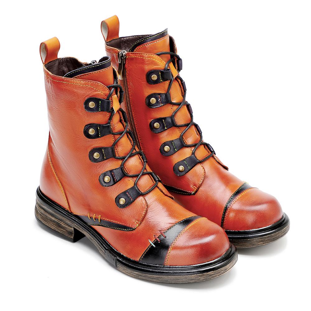 Johnature Short Boots Vintage Genuine Leather Solid Color Comfortable Handmade Women Shoes