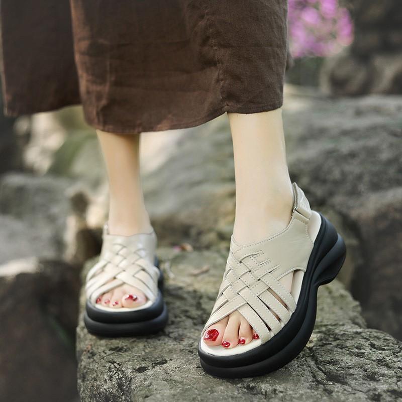 Johnature Genuine Leather Retro Woven Thick Soled Sandals Versatile Height Increasing Roman Women's Shoes