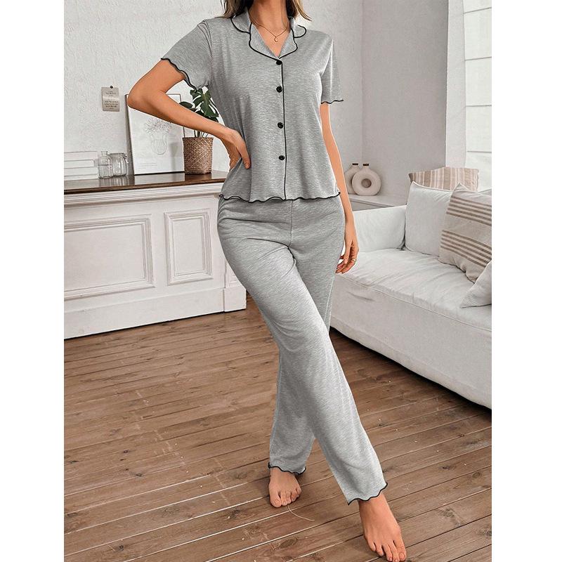 

Lapel Cardigan Women s Pajama Set - Spring/Summer, Solid Color, Long Pants, Comfortable Home Wear Small світло-сірий колір