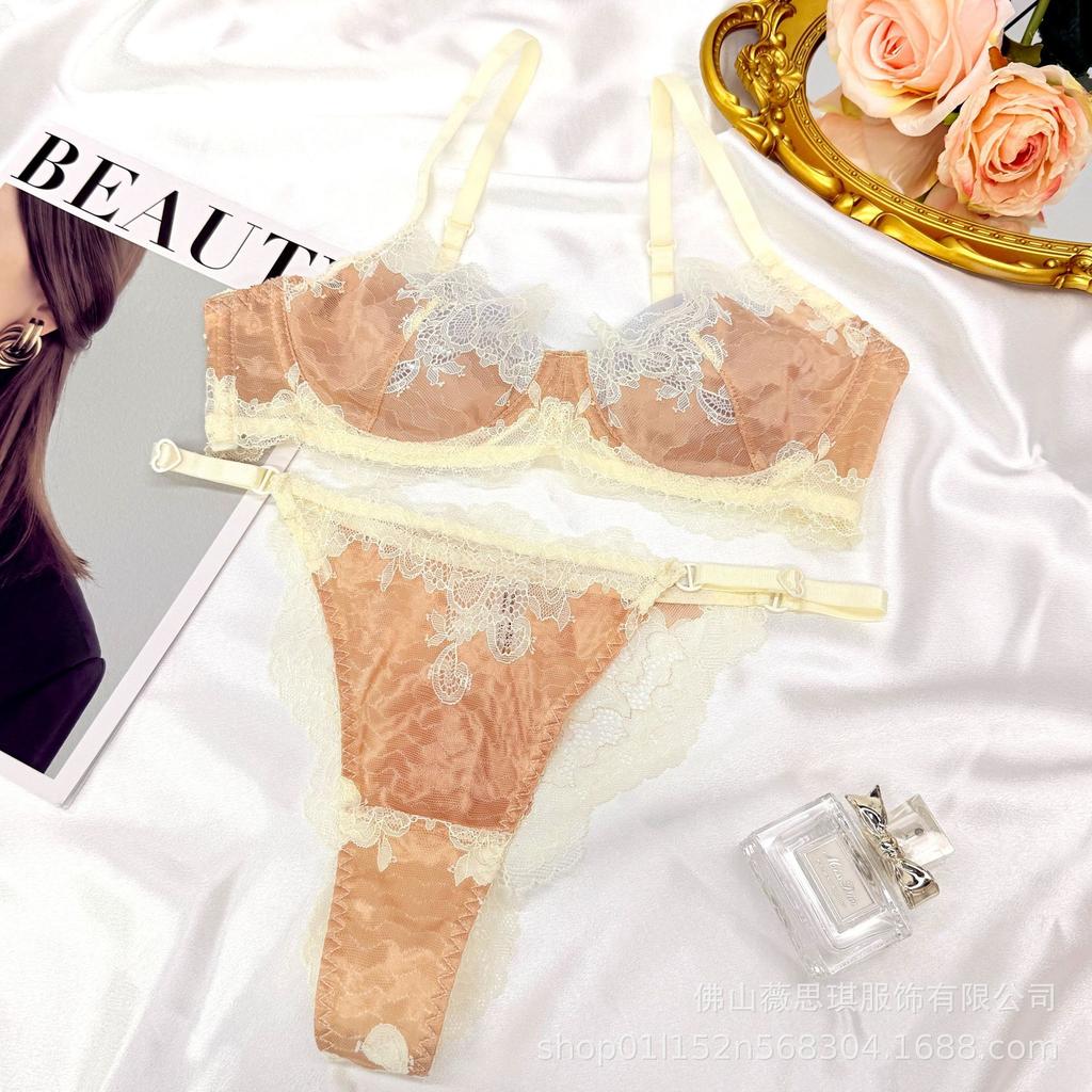 Summer sexy underwear women's French ultra-thin contrasting lace bra big chest small anti-sagging sex underwear