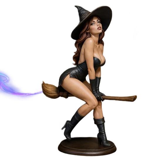Sexy Witch Bookshelf Figurine Hand-Painted Resin Gothic Dark Fairy Witch Riding on Magic Broom Seductive Sorcery Witch Statue for Home Decor