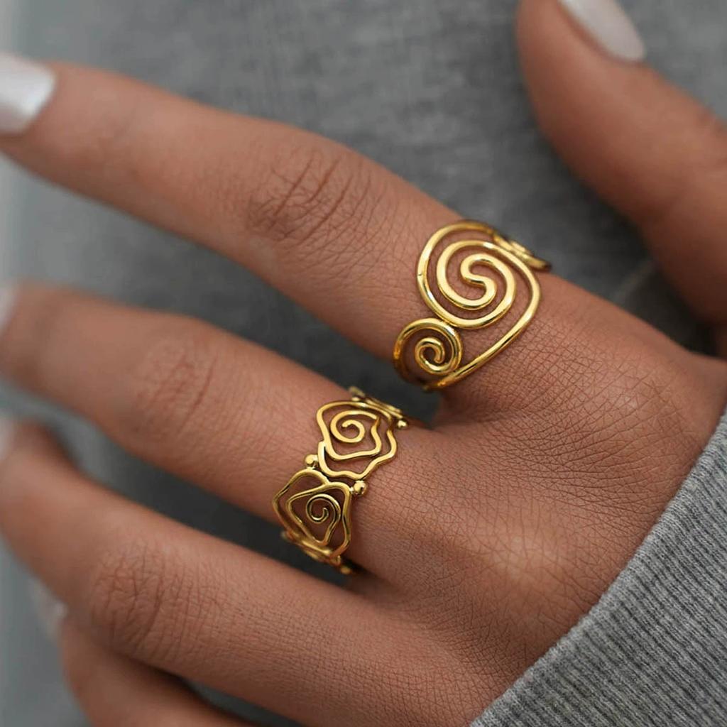 Stainless Steel Spiral Adjustable Open Rings for Women 18K Gold Plated Waterproof High Quality Ladies Jewelry for Vacation Etc