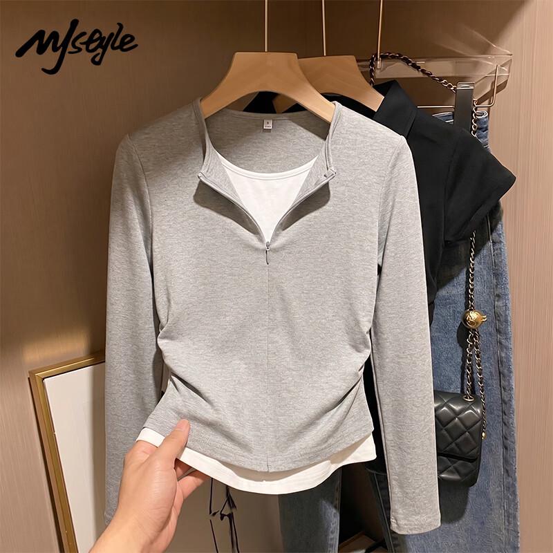 MJ STYLE Women's Half-Zip Faux Two-Piece Long Sleeve T-Shirt