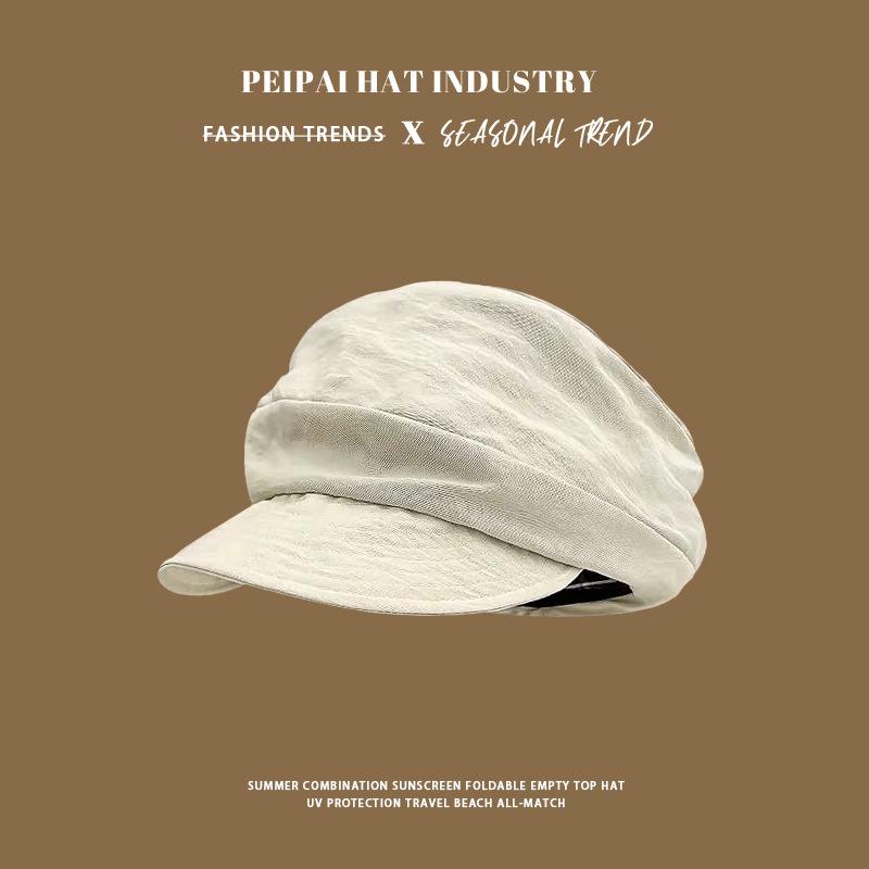 Retro versatile pleated octagonal hat showing face small literary newsboy hat painter hat M（56-58cm）