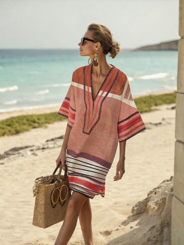 2026 summer European and American new loose printing V-neck women's casual vacation dress