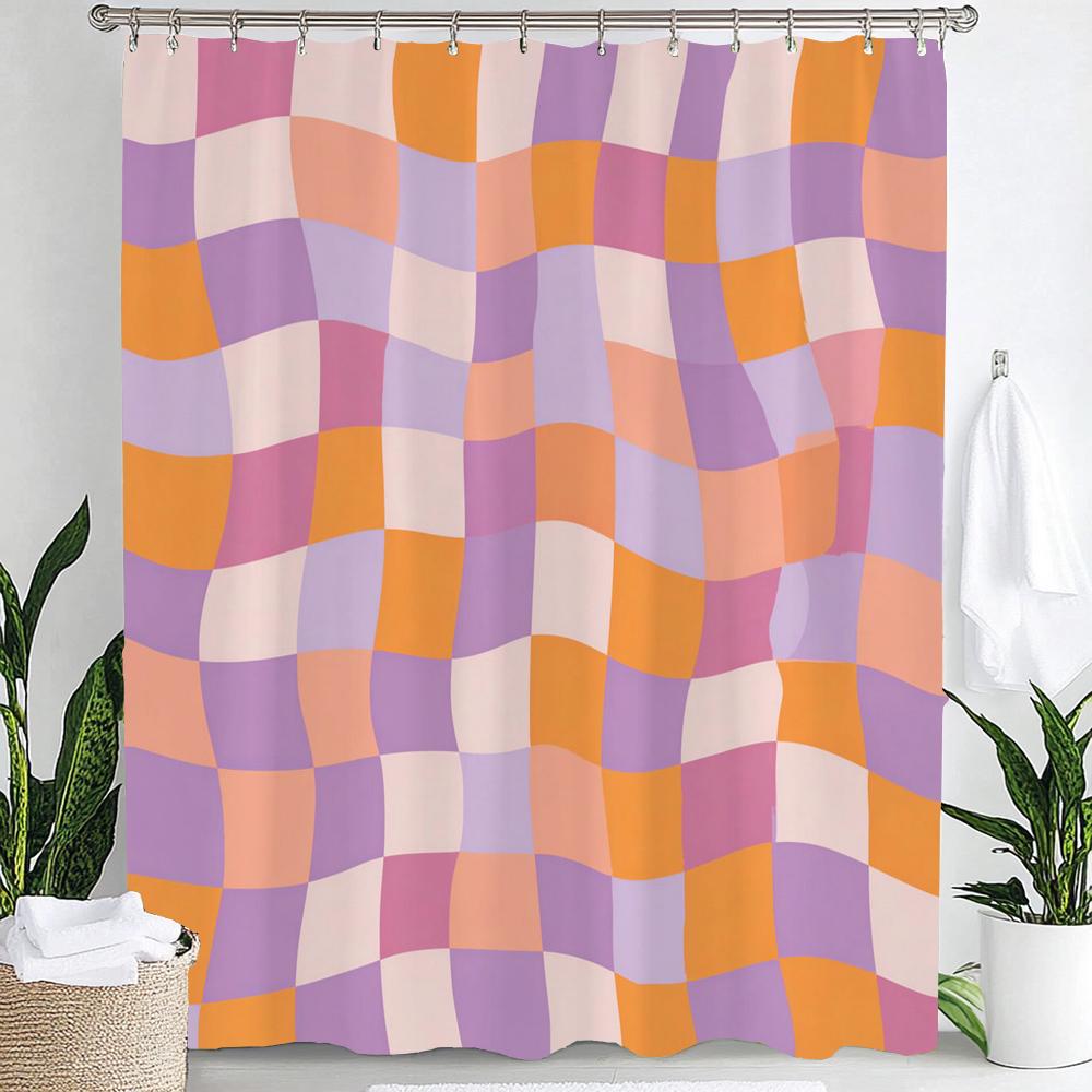 Modern Plaid Grid Print Waterproof Shower Curtain Bathroom Curtain,Hanging Curtain 12 Hooks Decoration Machine Washable