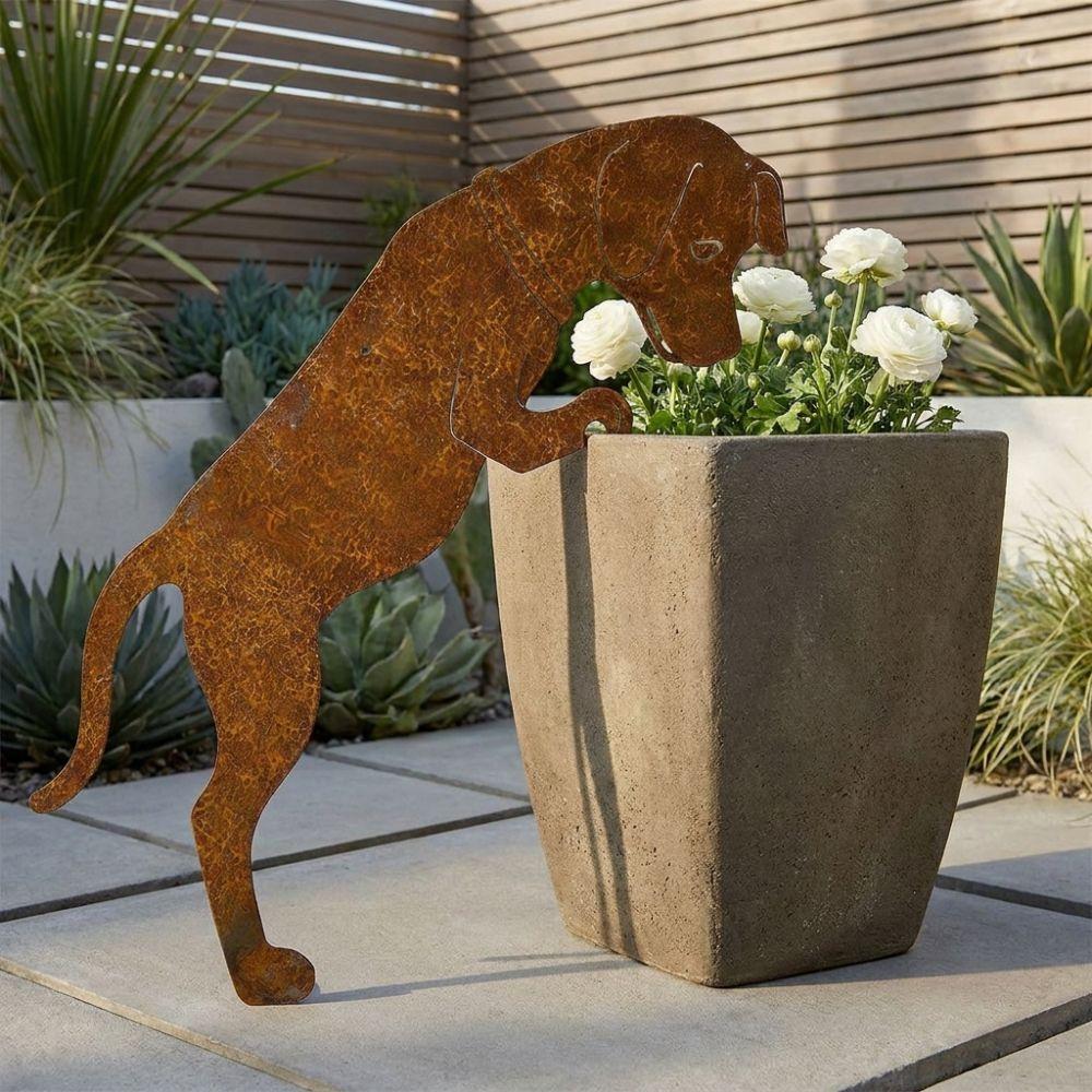 Rustic Metal Dog Garden Statue Vintage Cat Lawn Ornament Dog Pot Hugger Decor  Courtyard